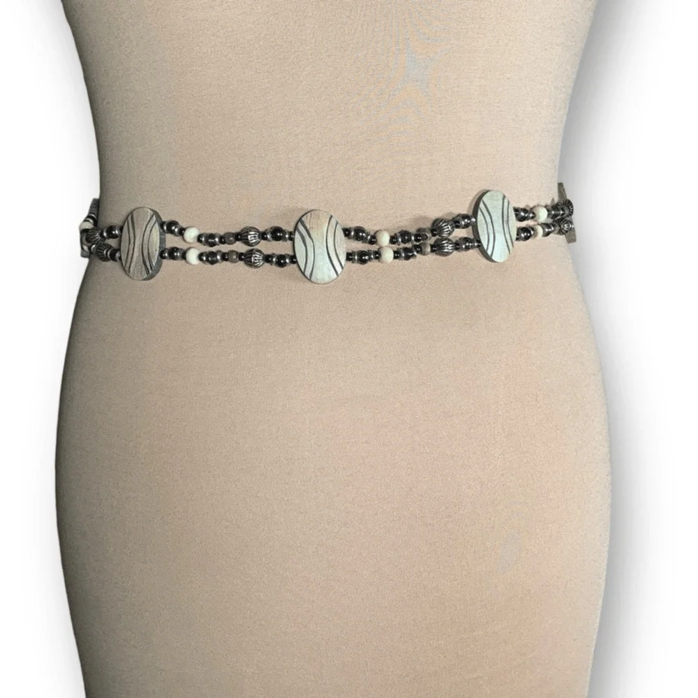 Vintage Reversible Beaded Waist Belt‎ Wood Disc Boho Western Adjustable Chain